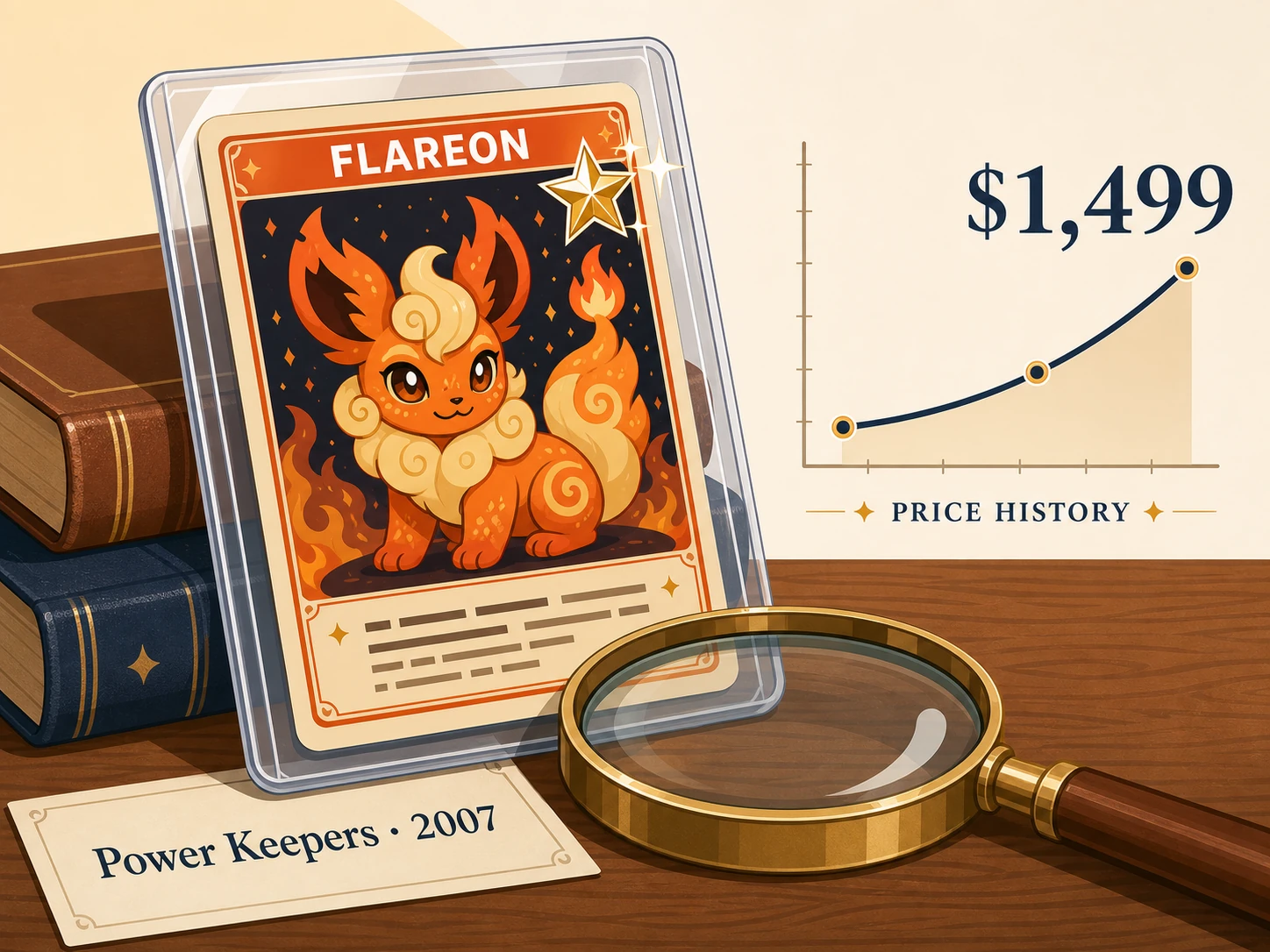 Editorial illustration of a vintage Pokemon TCG Gold Star card featuring a fox-like fire creature on a wooden desk under warm lamp light, with a magnifying glass and a $1,499 price tag.