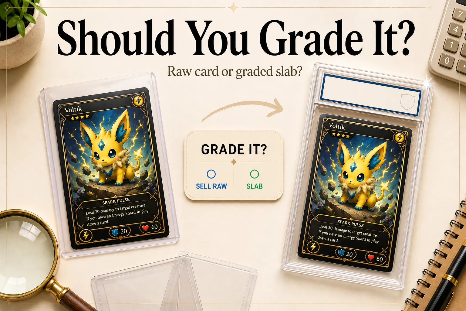 Side-by-side hero illustration titled 'Should You Grade It? Raw card or graded slab?' showing the same trading card in two states — left, in a clear card-saver sleeve; right, in a graded protective slab — with an original yellow electric-mouse-like mascot 'Voltik' on the card. Between them, a small decision card reads 'GRADE IT?' with options 'SELL RAW' and 'SLAB'. A magnifying glass, calculator, potted plant, empty card sleeve, and notebook sit on a warm cream desk.