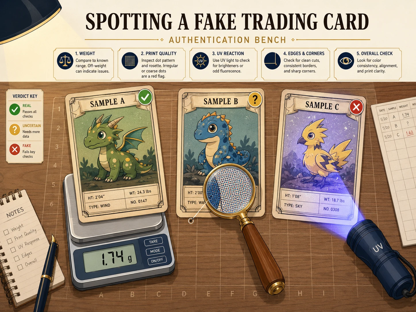 Editorial illustration of a trading card authentication bench with three sample cards on a wooden desk: one marked real with a green check, one marked uncertain with a yellow question mark, one marked fake with a red X. A digital scale shows 1.74 grams. A brass magnifying glass and a UV flashlight sit nearby.