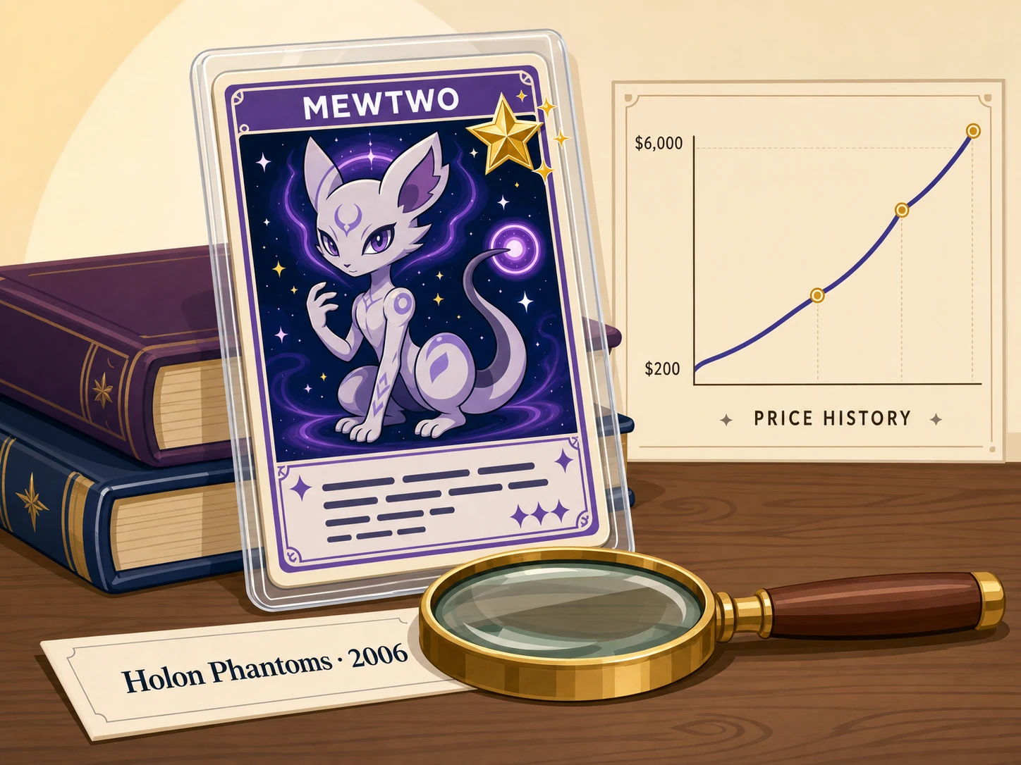 Editorial illustration of a vintage Pokemon TCG Gold Star card featuring a cosmic psychic feline creature on a wooden desk under warm lamp light, with a magnifying glass, a stack of leather-bound books, and a price-history chart climbing from $200 to $6,000.