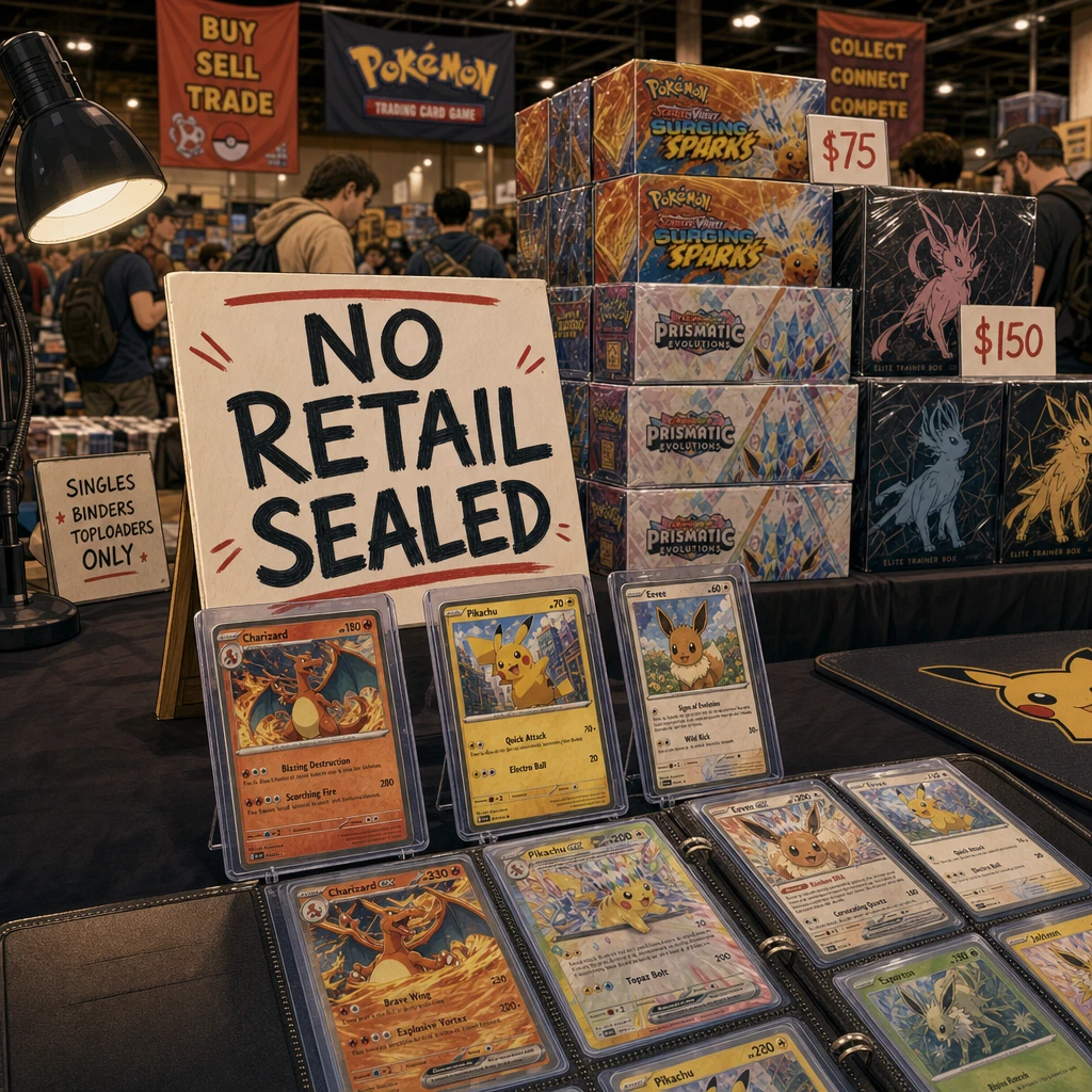 Editorial illustration of a Pokemon-style card show vendor table with a NO RETAIL SEALED policy sign in the foreground.