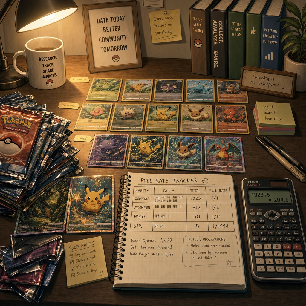 Editorial illustration of a wooden desk with opened Pokemon TCG booster pack wrappers, cards laid out in rows, and a notebook showing handwritten pull-rate tally tables next to a calculator.