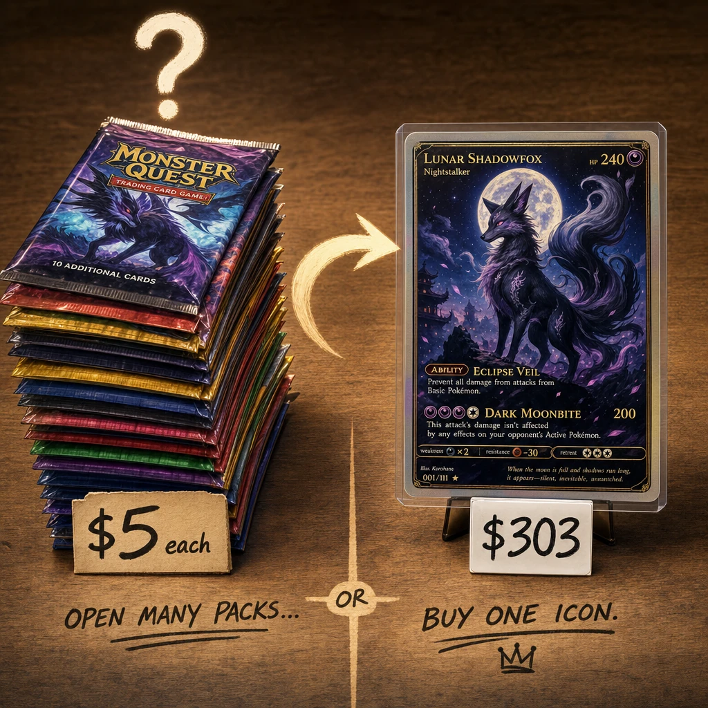 Two paths visualization: a stack of sealed booster packs at $5 each on the left with a question mark, and a single pulled chase card with a $303 price tag on the right, asking 'rip many or buy one?'